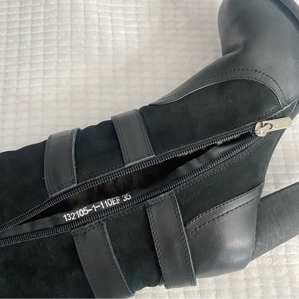 Milana Black Leather Knee High Moto Boots Buckle Block Heel EU 35 US 5 Italy - Picture 8 of 16
